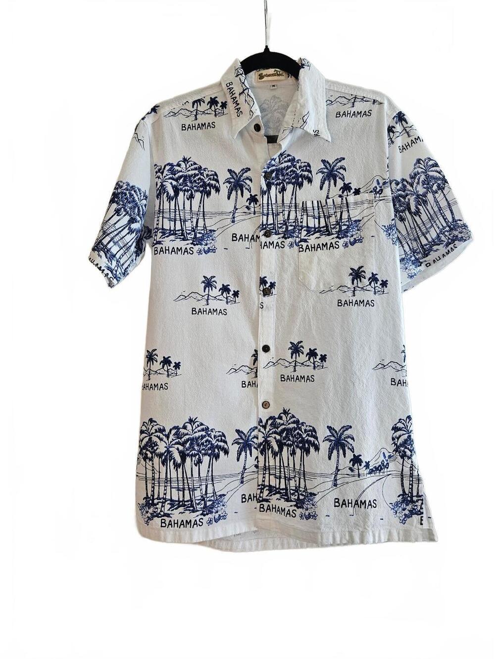 Shoreline Men's Medium White & Navy Blue Bahamas Tropical Print 100%Cotton Shirt